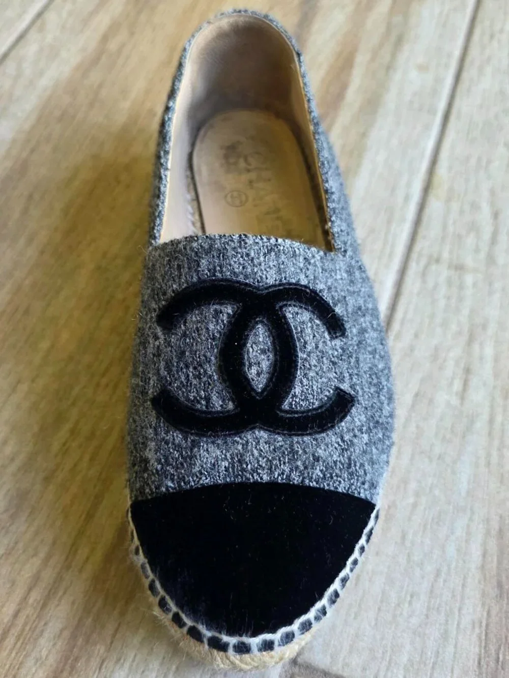 CHANEL Grey Espadrilles CC Black Velvet Grey Tweed Shoe Eur. 37